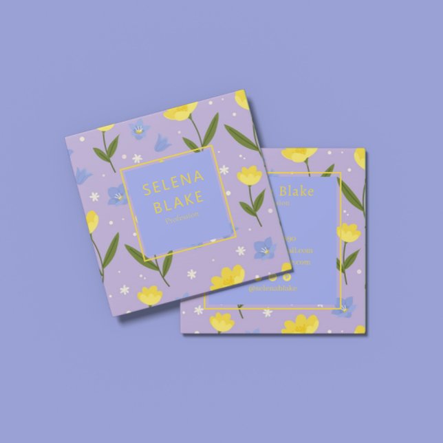 Elegantes Blumenmuster - gelbe und blaue Blumen, Quadratische Visitenkarte (Von Creator hochgeladen)