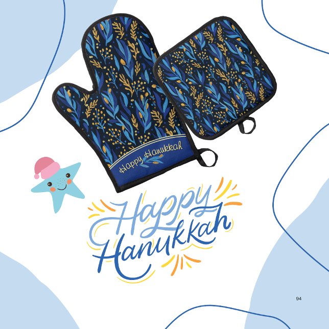 Elegantes Blumenmuster Hanukkah Ofenhandschuh & Topflappen-Set (Elegant Floral Pattern Hanukkah Oven Mitt & Pot Holder Set)
