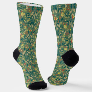Elegantes Blumenmuster in Gelb und Rot auf Grün Socken