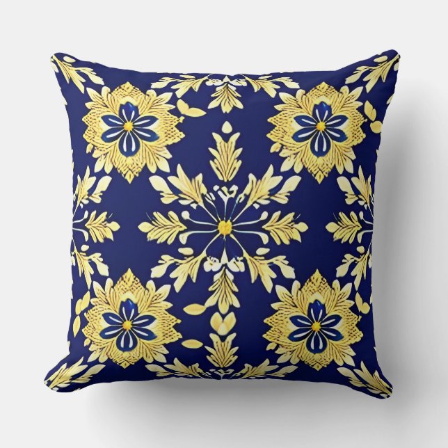 Elegantes Blumenmuster in Gold und Blau Kissen (Vorderseite)