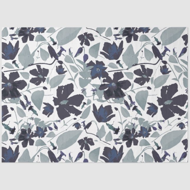 Elegantes Blumenmuster Marine Gray Wasserfarbe Seidenpapier (Vorderseite)