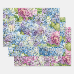 Elegantes Blumenmuster mit blauem Rosa Hydrangea-M Geschenkpapier Set