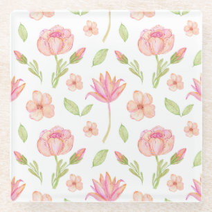 Elegantes Blumenmuster mit rosa Pfingstrosen und L Glasuntersetzer