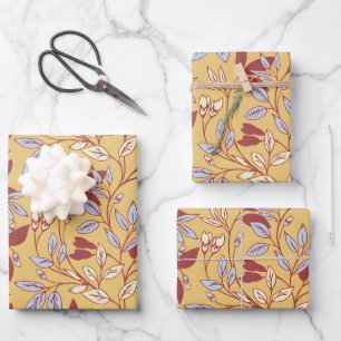 Elegantes Blumenmuster mit roten und blauen Blätte Geschenkpapier Set