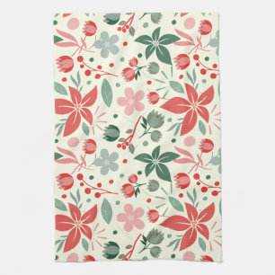 Elegantes Blumenmuster mit roten und blauen Blätte Geschirrtuch