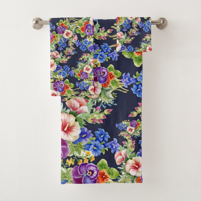 Elegantes Blumenmuster Rosa Gelbes blaues Foliage Badhandtuch Set (Insitu)