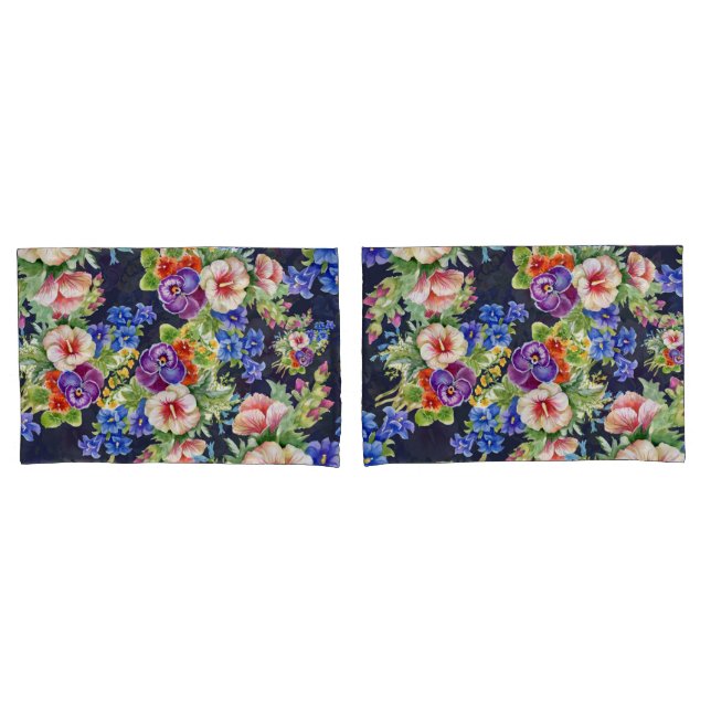 Elegantes Blumenmuster Rosa Gelbes blaues Foliage Kissenbezug (Vorderseite-Set)