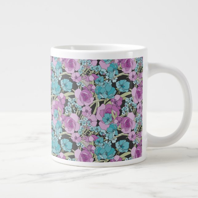 Elegantes Blumenmuster Rosa Lila Schwarzes Hinterg Jumbo-Tasse (Rechts)