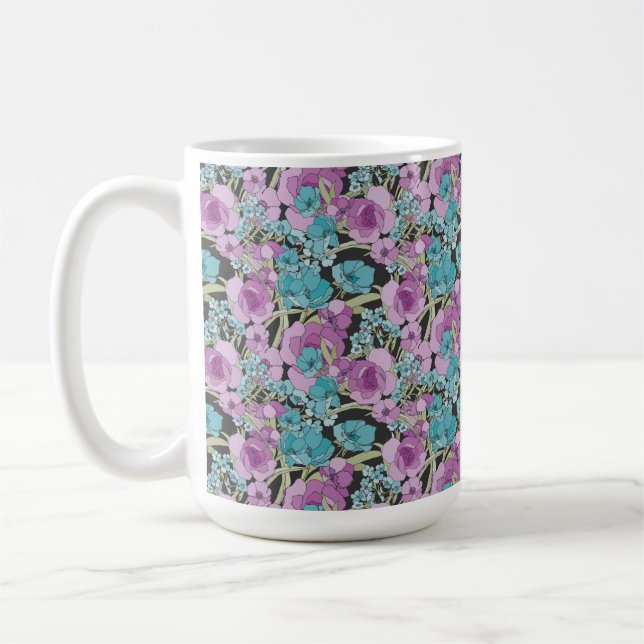 Elegantes Blumenmuster Rosa Lila Schwarzes Hinterg Kaffeetasse (Links)