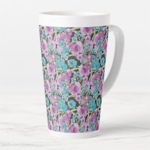 Elegantes Blumenmuster Rosa Lila Schwarzes Hinterg Milchtasse