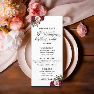 Elegantes Blumenmuster zum 5. Hochzeitstag Menükarte