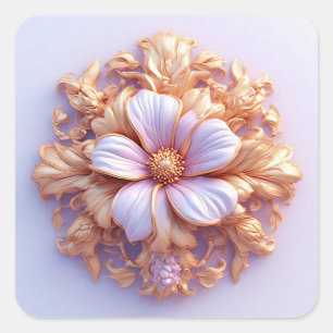 Elegantes Blumenornament mit goldenen Akzenten Quadratischer Aufkleber