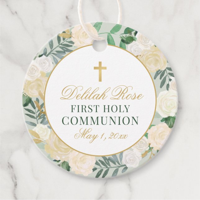 Elegantes Blumenreath Erste Kommunion Grünes Gold Geschenkanhänger (Vorderseite)