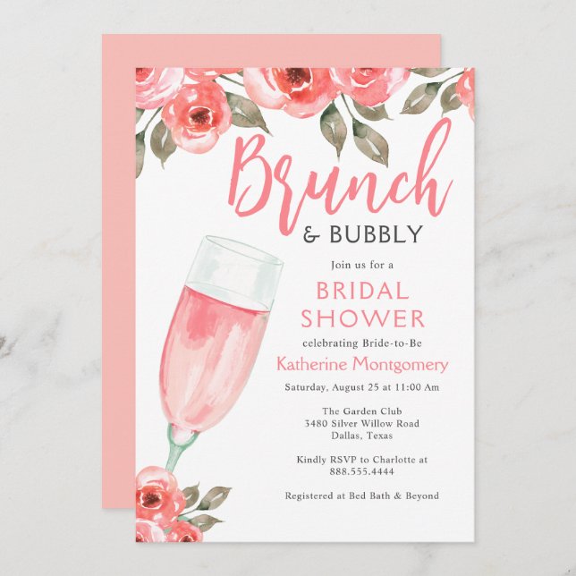 Elegantes Blumenrosa Brunch & Bubbly Brautparty Einladung (Vorne/Hinten)
