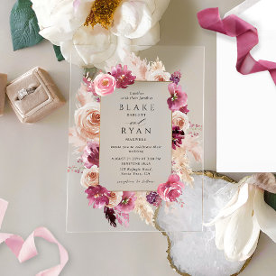 Elegantes Blumenrosa, Burgund, Champagner Hochzeit Acryleinladungen