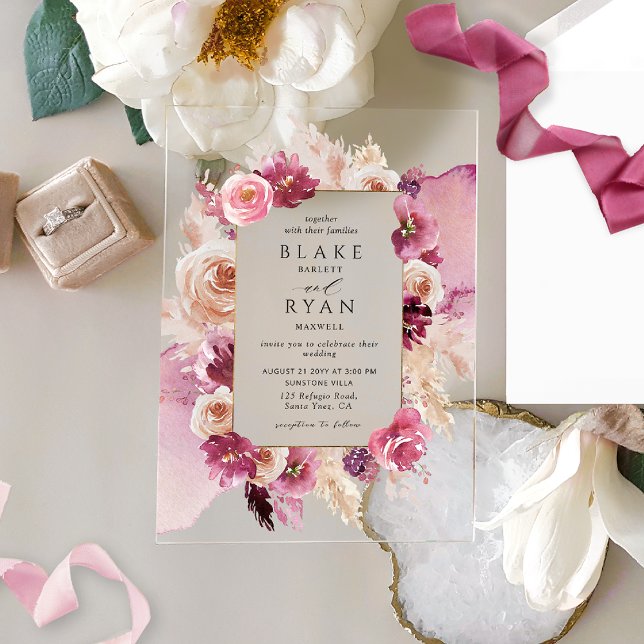 Elegantes Blumenrosa, Burgunder Wasserfarbenhochze Acryleinladungen (Von Creator hochgeladen)