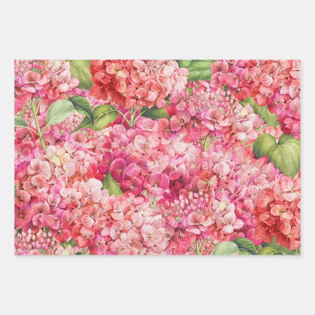 Elegantes Blumenrosa Hydrangea-Muster Geschenkpapier Set (Vorderseite 3)
