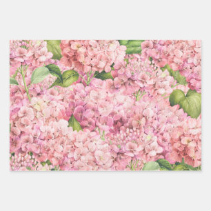 Elegantes Blumenrosa Hydrangea-Muster Geschenkpapier Set