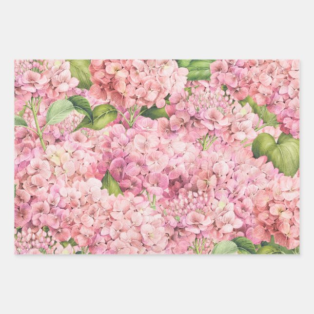 Elegantes Blumenrosa Hydrangea-Muster Geschenkpapier Set (Vorderseite)