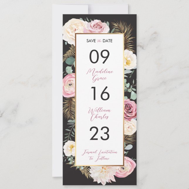 Elegantes Blumenrosa und Schwarz Save the Date (Vorderseite)