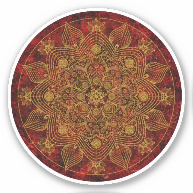 Elegantes Blumenrot, Black & Gold Mandala Aufkleber (Vorderseite)