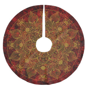 Elegantes Blumenrot, Black & Gold Mandala Polyester Weihnachtsbaumdecke