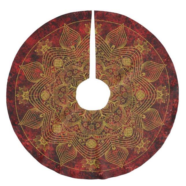 Elegantes Blumenrot, Black & Gold Mandala Polyester Weihnachtsbaumdecke (Vorderseite)