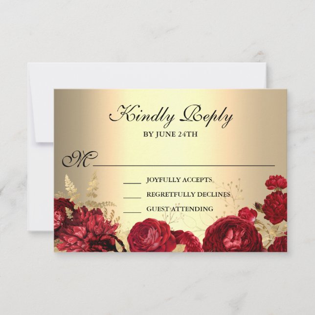 Elegantes Blumenrot und Gold RSVP Karte (Vorderseite)