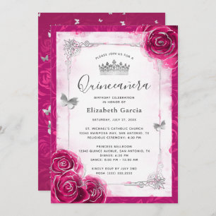 Elegantes Blumensilber und Fuchsia Quinceanera Einladung