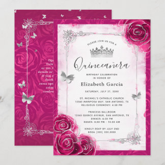 Elegantes Blumensilber und Fuchsia Quinceanera Einladung