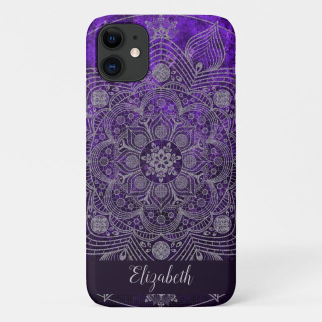 Elegantes Blumensilber und Lila Mandala Monogramm Case-Mate iPhone Hülle (Rückseite)