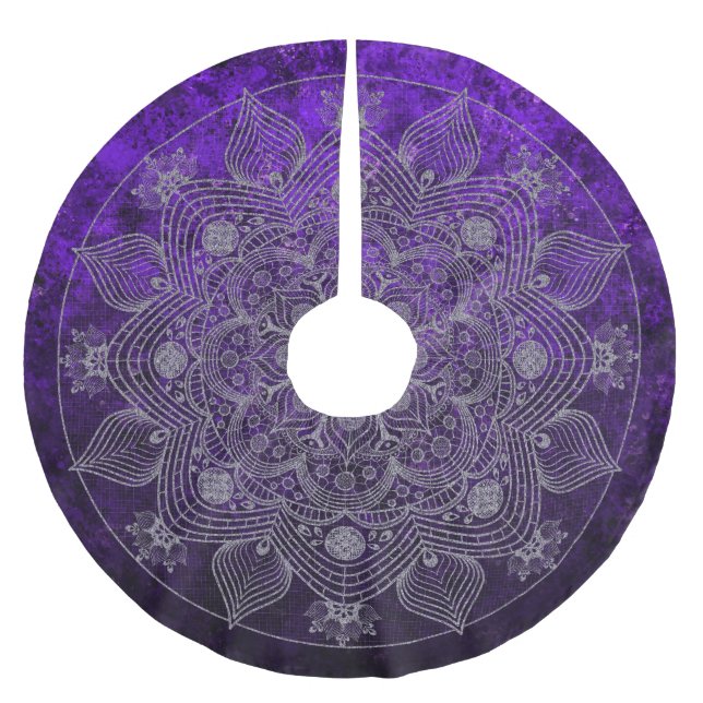 Elegantes Blumensilber und Lila Mandala Namaste Polyester Weihnachtsbaumdecke (Vorderseite)