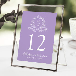 Elegantes Blumenwappen Lavendel Hochzeit Tischnumm Einladung