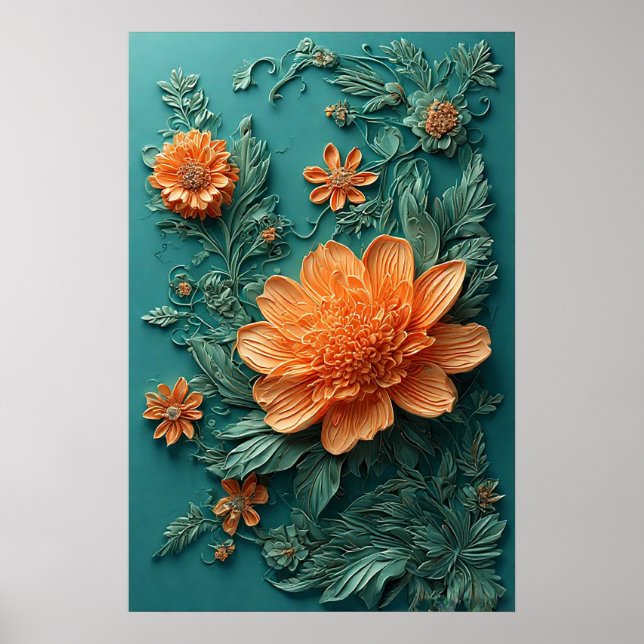 Elegantes Blumenwerk mit orangen Blume Poster (Vorne)