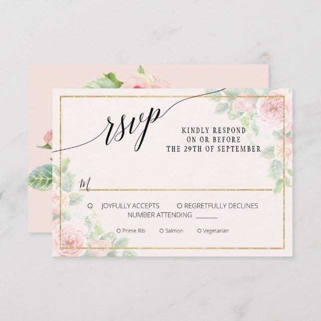 Elegantes Blumenzitat Rosa Goldfarbenhochzeit RSVP Karte (Vorne/Hinten)