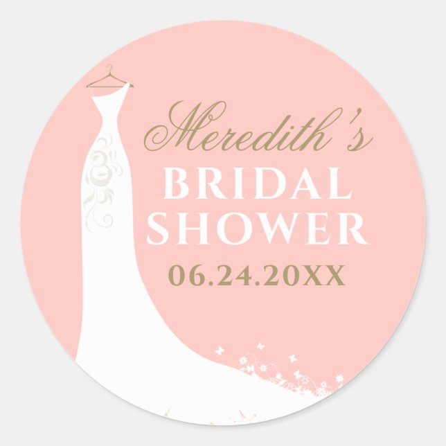 Elegantes Blush and Gold Wedding Gown Brautparty Runder Aufkleber (Vorderseite)