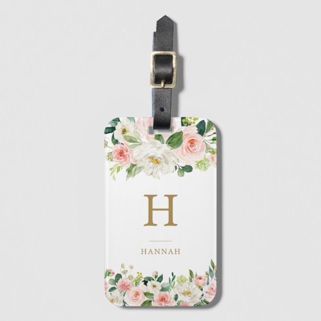 Elegantes Blush-Aquarell-Monogramm Gepäckanhänger (Vorderseite Vertikal)