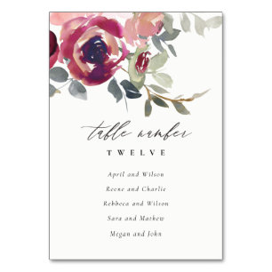Elegantes Blush Burgundy Rose Blumenmuster Seating Tischnummer