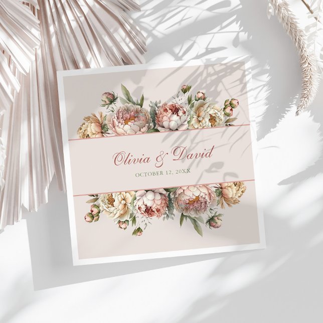 Elegantes Blush Dusty Rose Peonies Paper Napkin Serviette (Elegant Blush Dusty Rose Peonies Paper Napkin on a sunny white table.)