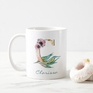Elegantes Blush Floral C Wasserfarbe Foliage Monog Kaffeetasse