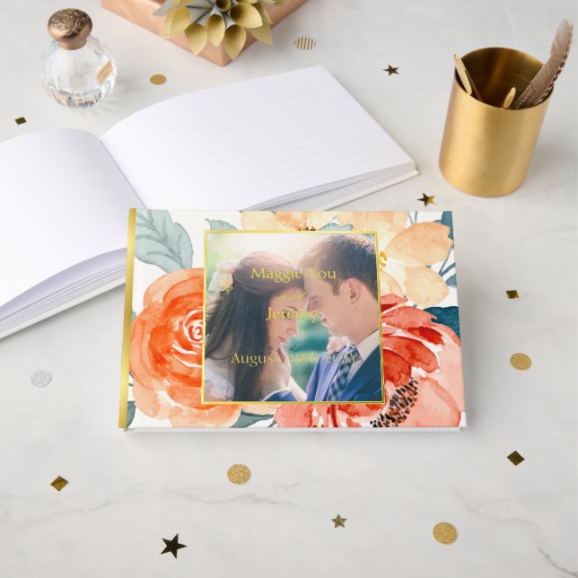 Elegantes Blush Floral Wedding Gold Gästebuch (Vorderseite Offen)