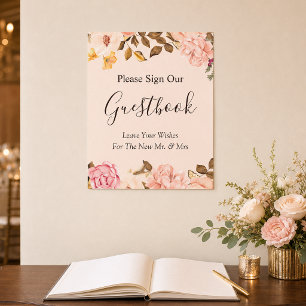 Elegantes Blush Gold Floral Wedding Gästebuch-Zeic Poster