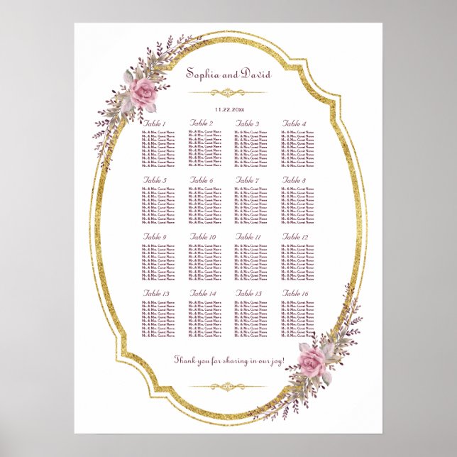 Elegantes Blush-Gold-Rahmen-Sitzdiagramm Poster (Vorne)