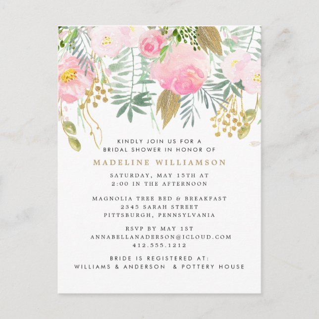 Elegantes Blush Gold Wasserfarben Brautparty Einladungspostkarte (Vorderseite)