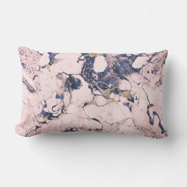 Elegantes Blush Navy Gold Marmor Lumbar Pillow Kissen Für Draußen (Vorderseite)