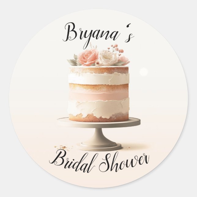 Elegantes Blush Peach Floral Cake Brautparty Runder Aufkleber (Vorderseite)