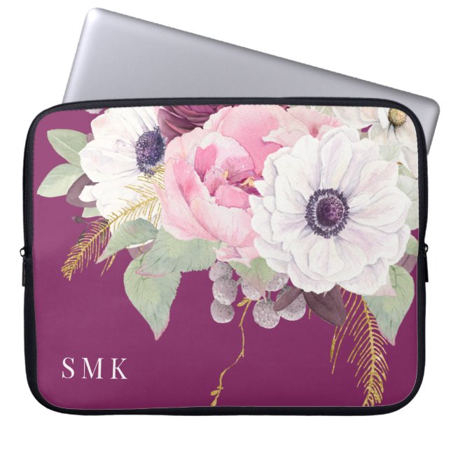 Elegantes Blush Peony Eucalyptus Floral Monogram Laptopschutzhülle (Vorderseite)