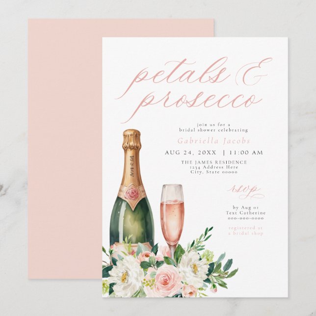 Elegantes Blush Petals & Prosecco Brautparty Einladung (Vorne/Hinten)