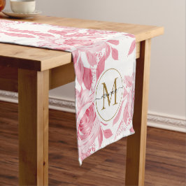 Elegantes Blush Pink Aquarellfarben Gold Monogramm Kurzer Tischläufer