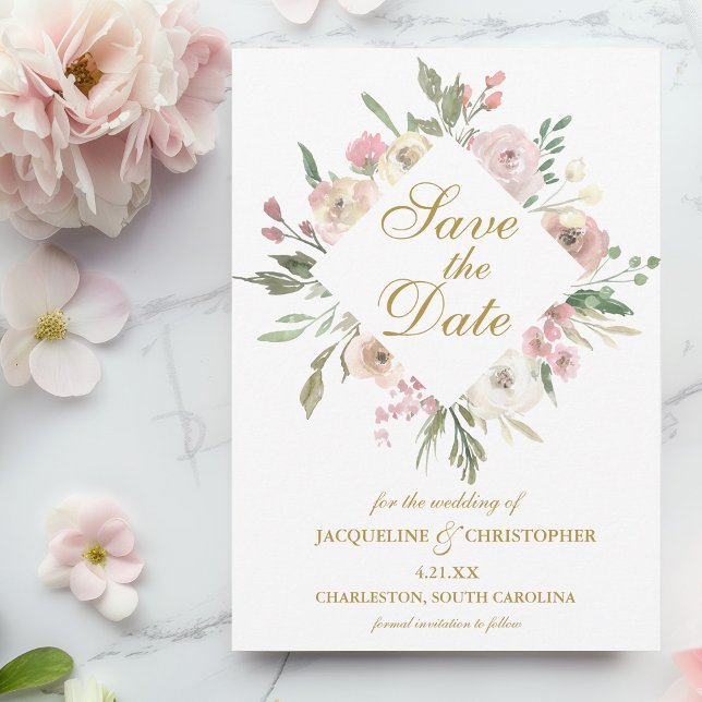 Elegantes Blush Pink Bläserpeony Gold Script Save The Date (Von Creator hochgeladen)